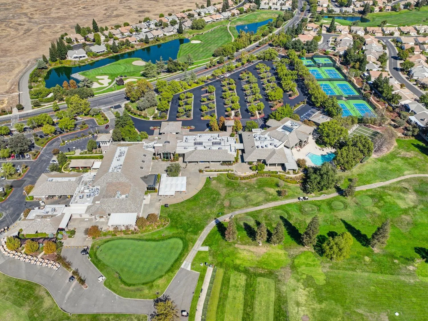 A drone view of the community center at Sun City Roseville, the 55+ active-adult community in Roseville, California