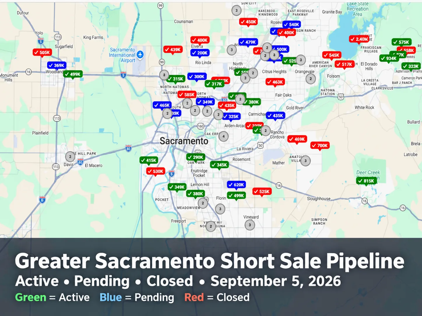 Map of short-sale activity in the Greater Sacramento region, MetroList MLS data reviewed September 5, 2026
