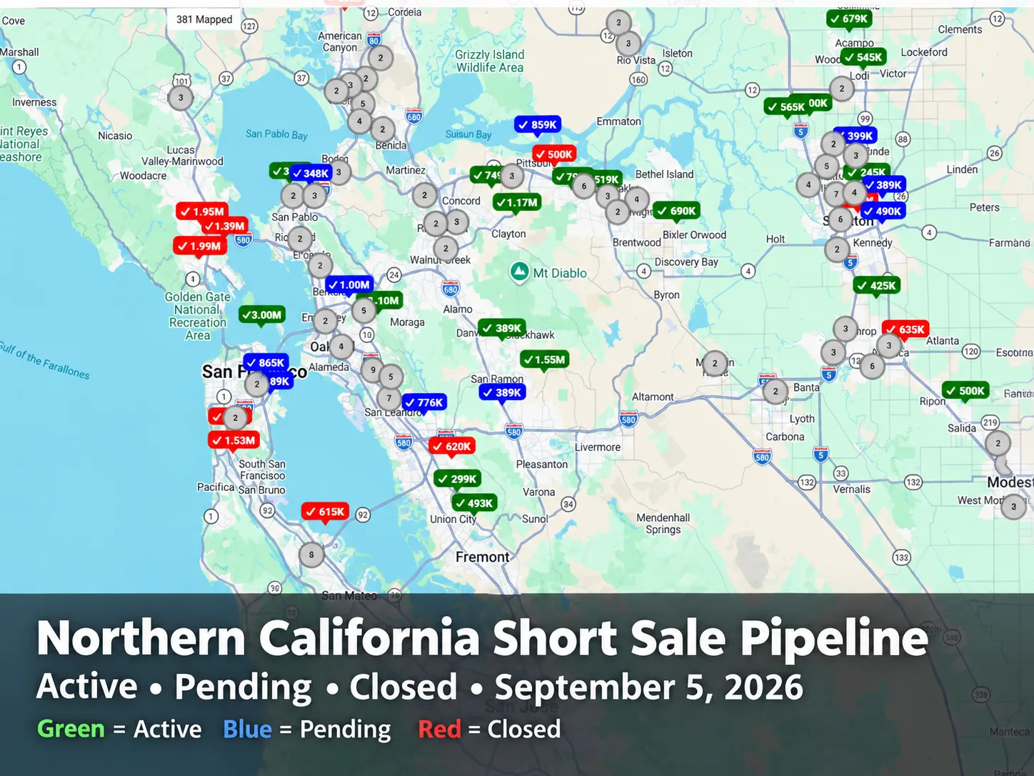 Map of short-sale activity in the Bay Area, MetroList MLS data reviewed September 5, 2026