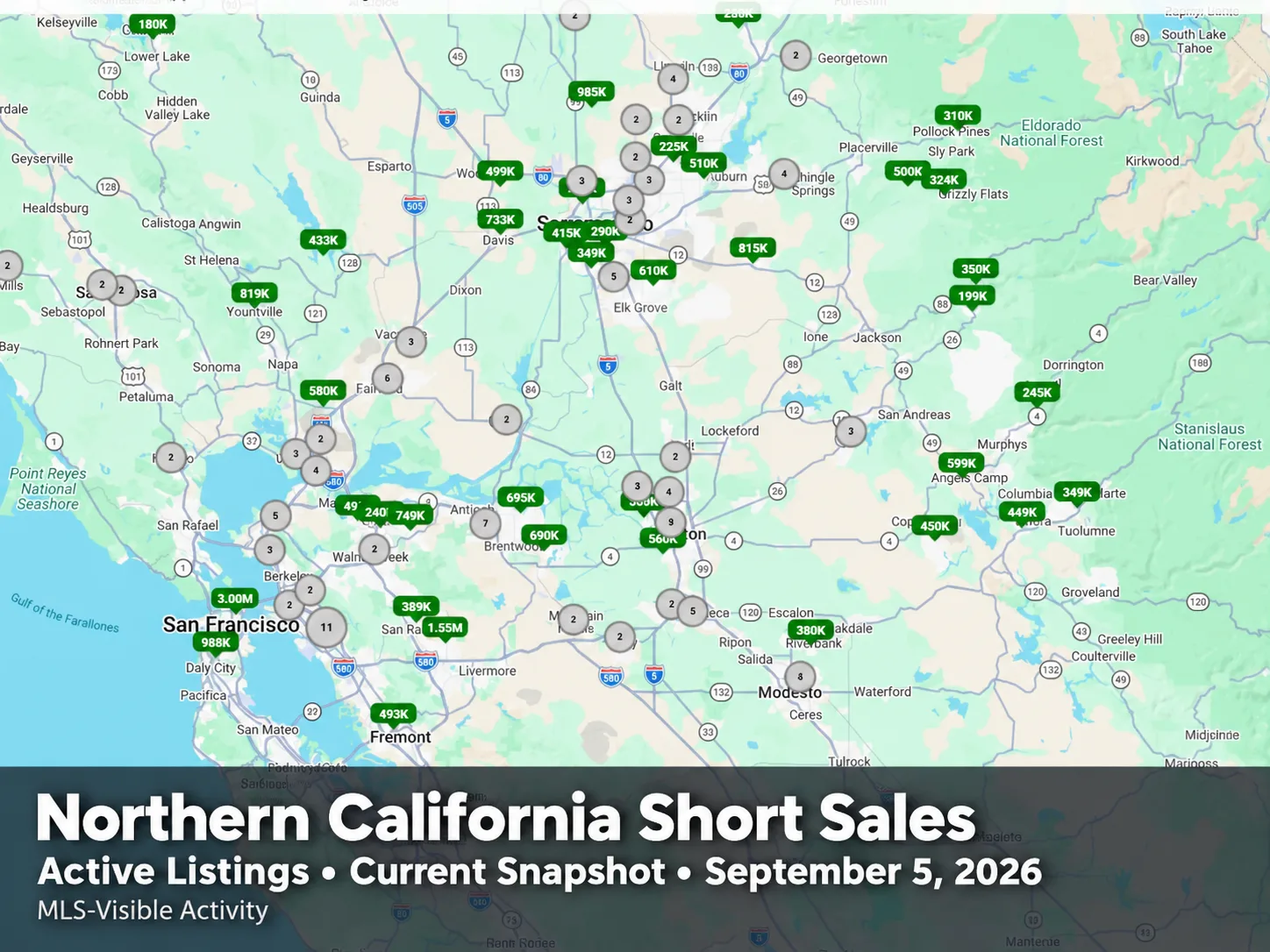 Map of active short-sale listings across Northern California, MetroList MLS data reviewed September 5, 2026