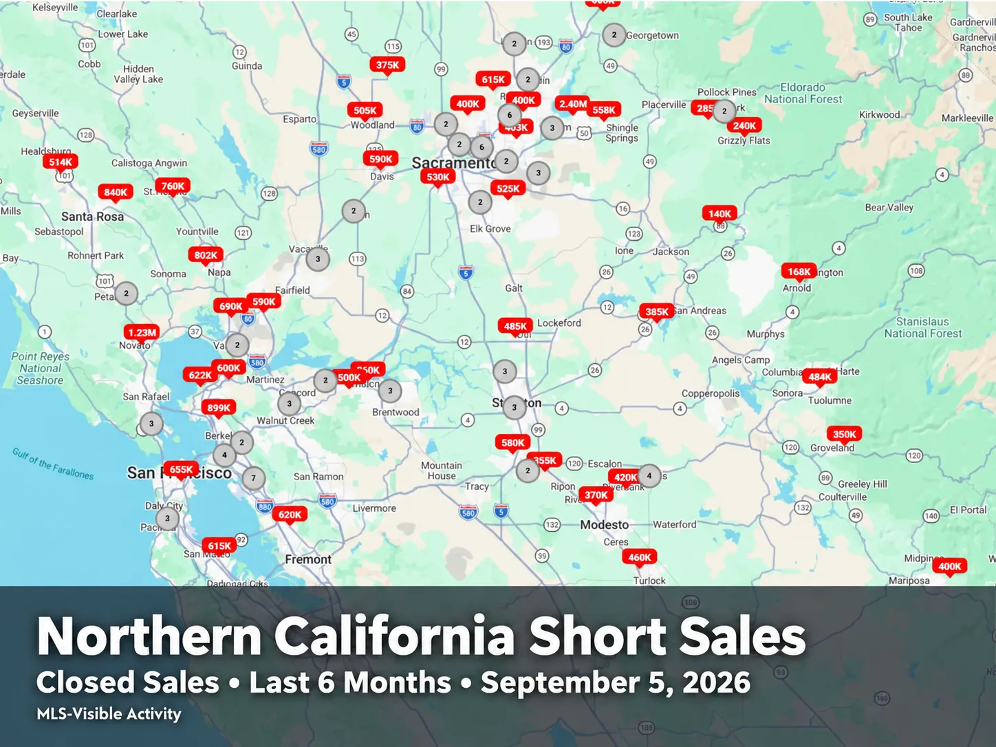 Map of closed short sales over the prior six months across Northern California, MetroList MLS data reviewed September 5, 2026