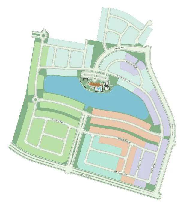 Screenshot of the community plot map showing the overall layout of Del Webb at River Islands in Lathrop, California, including homesites, greenbelts and lakes