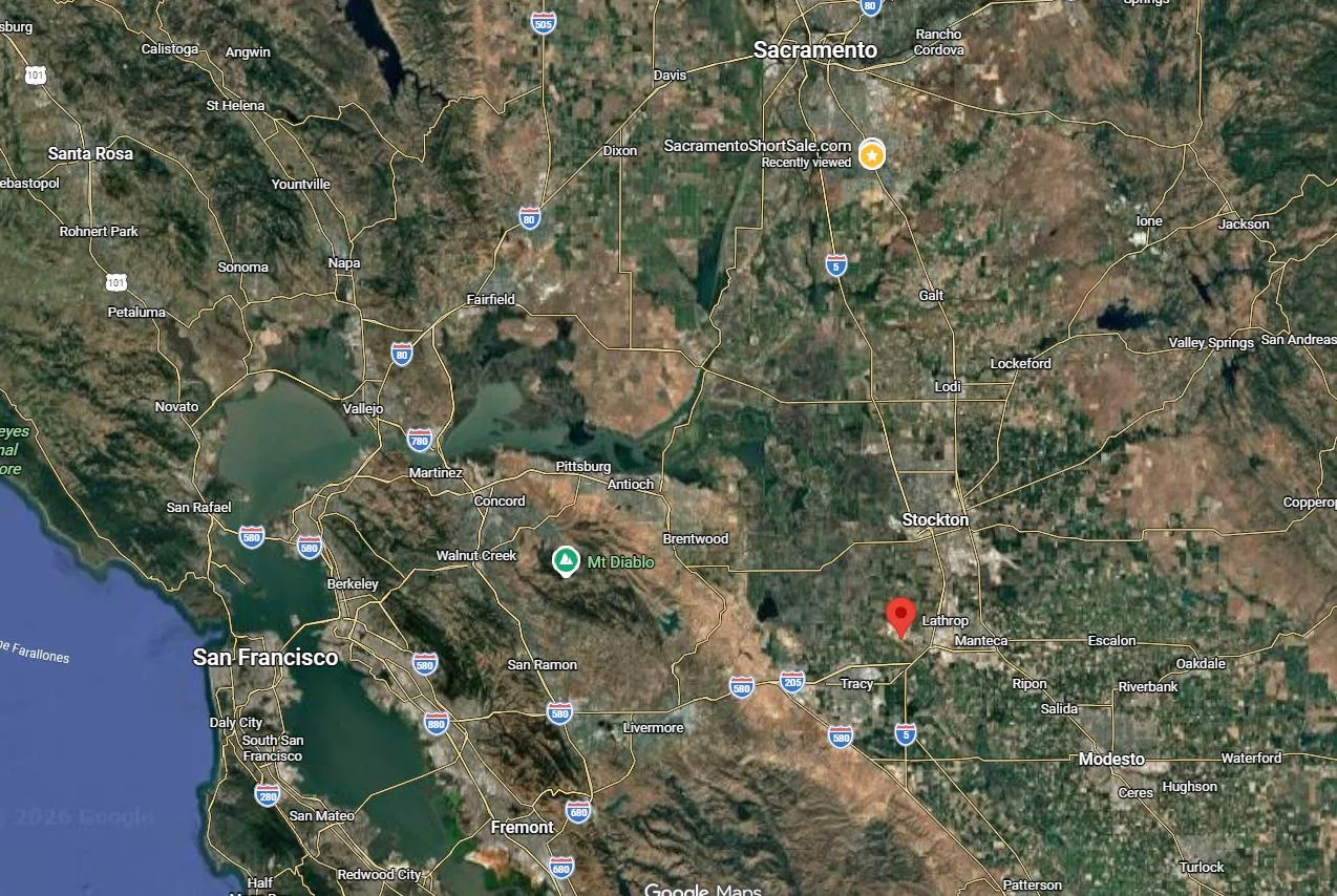 Screenshot of a regional map view showing where Del Webb at River Islands is located in Lathrop, California, in the surrounding Central Valley area, with access to I-5 and I-205