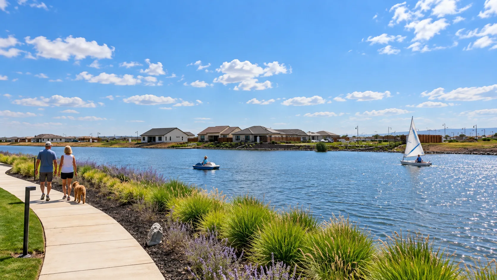 A paved walking path along the lake at River Islands in Lathrop, California, the community grounds surrounding Del Webb and the Lakeview Club