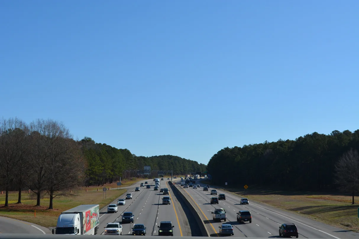 I-40 highway traffic near the Southpoint / Fayetteville Road interchange in Durham