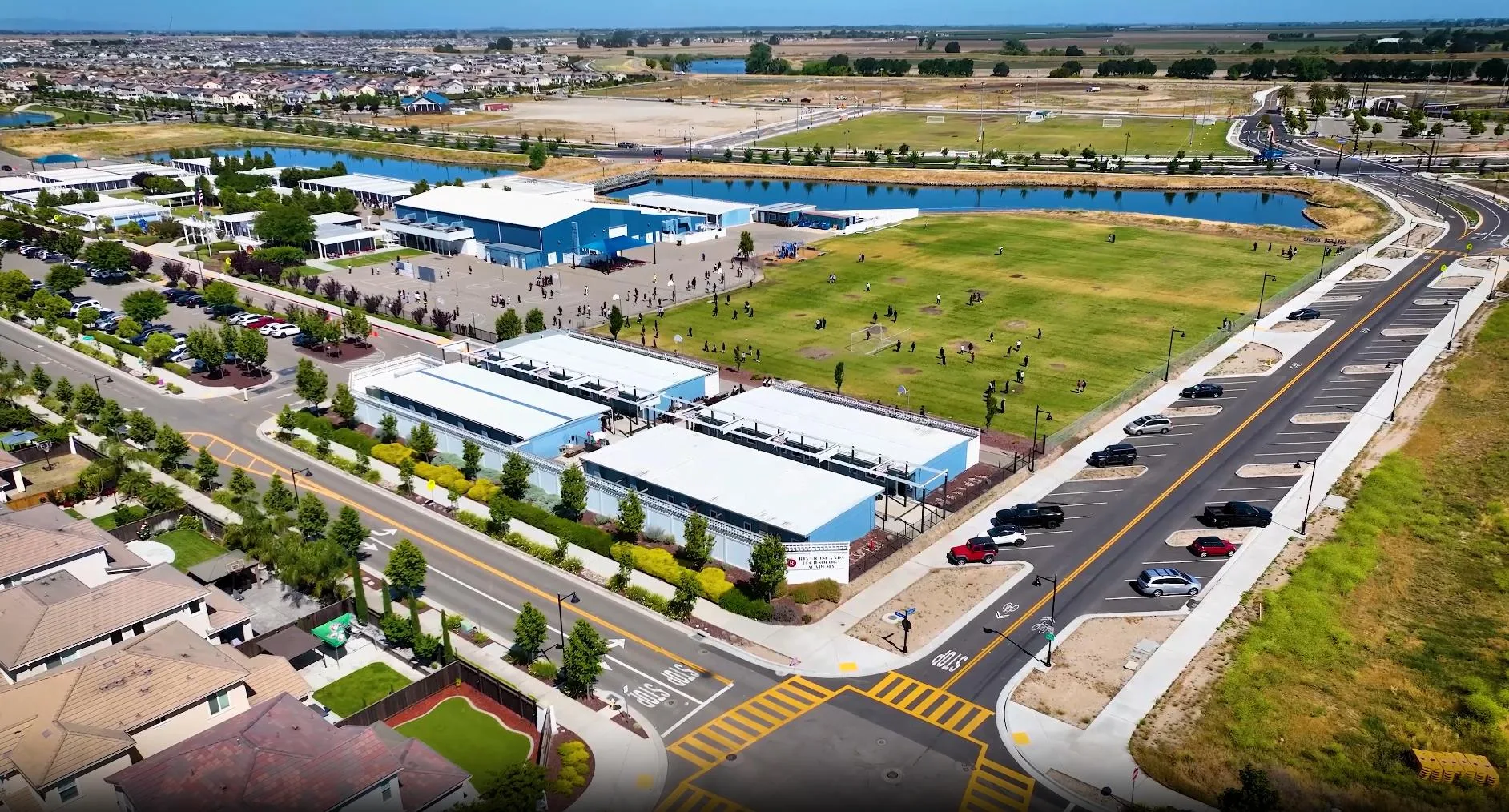 Aerial view of River Islands High School in Lathrop, California, during an earlier construction phase