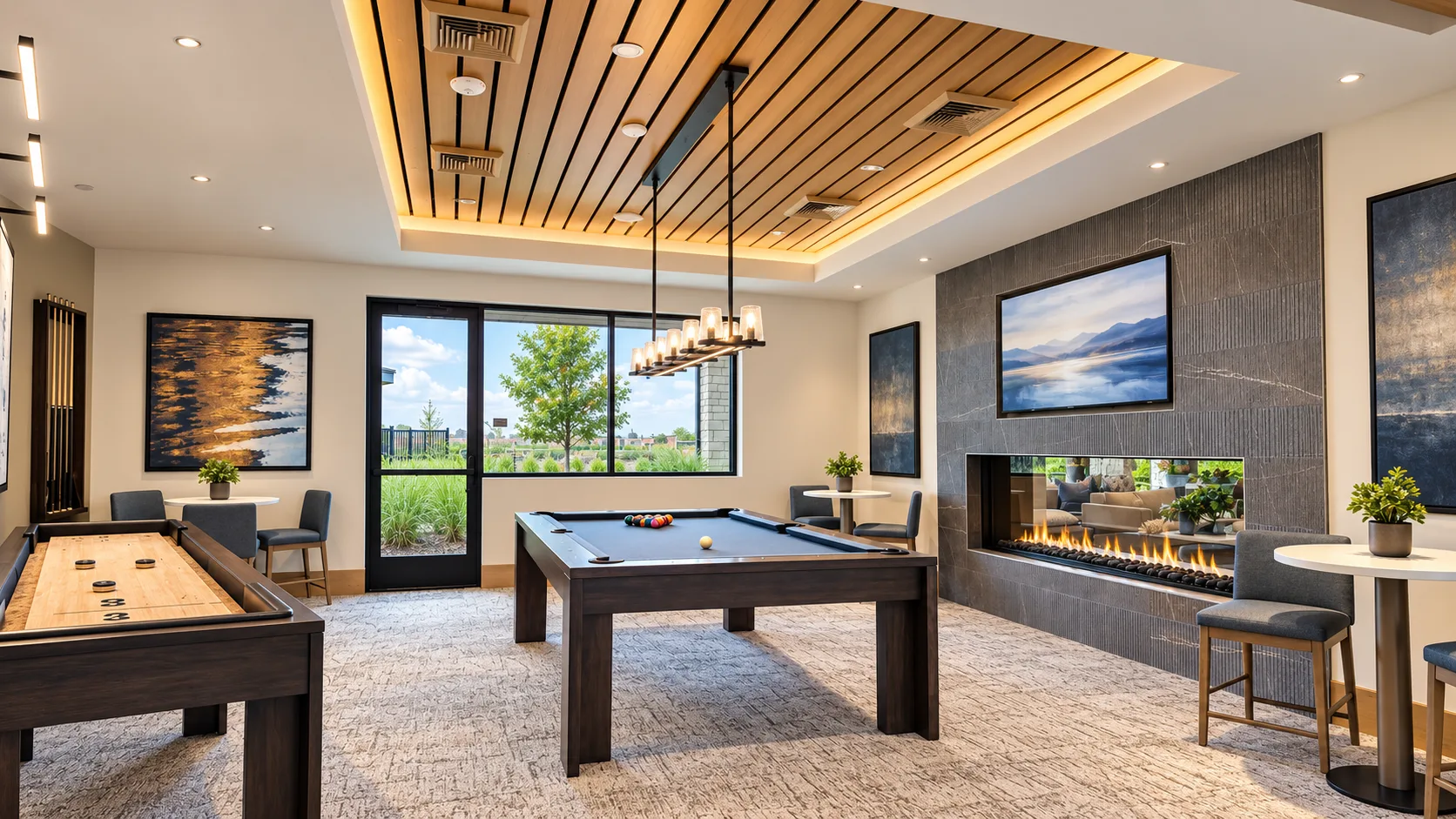 The billiards room inside the Lakeview Club at Del Webb at River Islands in Lathrop, California, with billiards tables and club-style seating