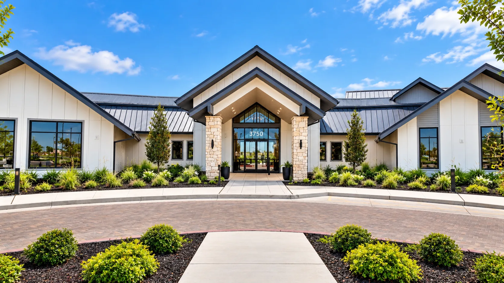 Front exterior of the Lakeview Club clubhouse at Del Webb River Islands in Lathrop, California