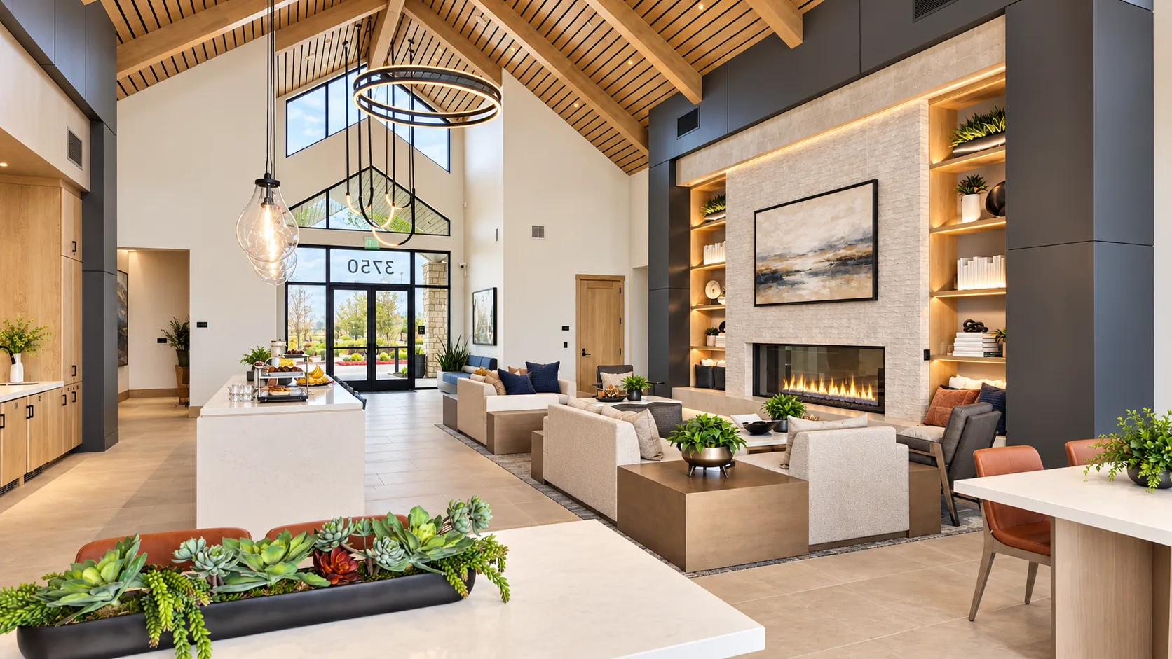 The entrance and social lounge area of the Lakeview Club at Del Webb at River Islands in Lathrop, California, with clubhouse seating