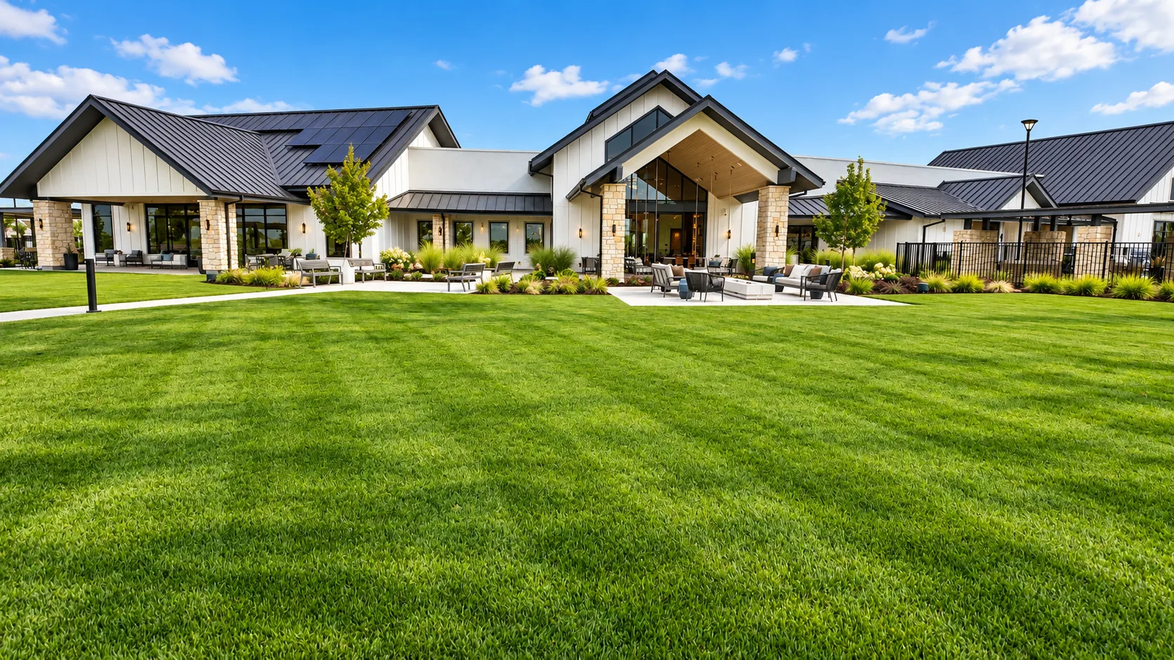The rear exterior of the Lakeview Club clubhouse at Del Webb River Islands in Lathrop, California