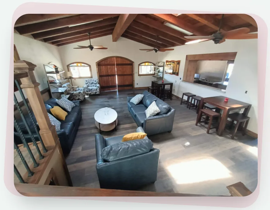 The spacious, vaulted living room of La Quinta at Rancho El Refugio near Ensenada