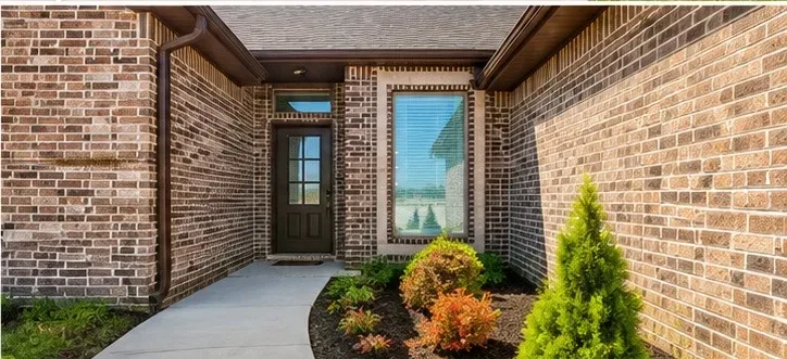 Front entry of the brick ranch showing the front door, tall window, and landscaped shrubs