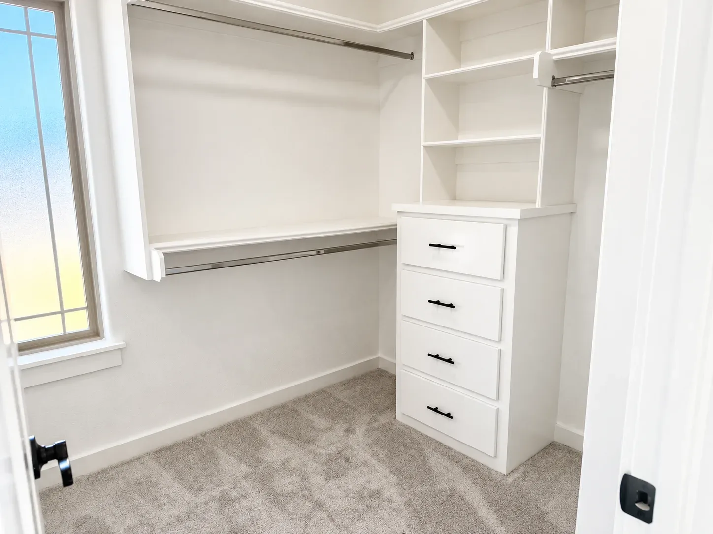 Walk-in closet with white built-in shelving and cabinetry and gray carpet