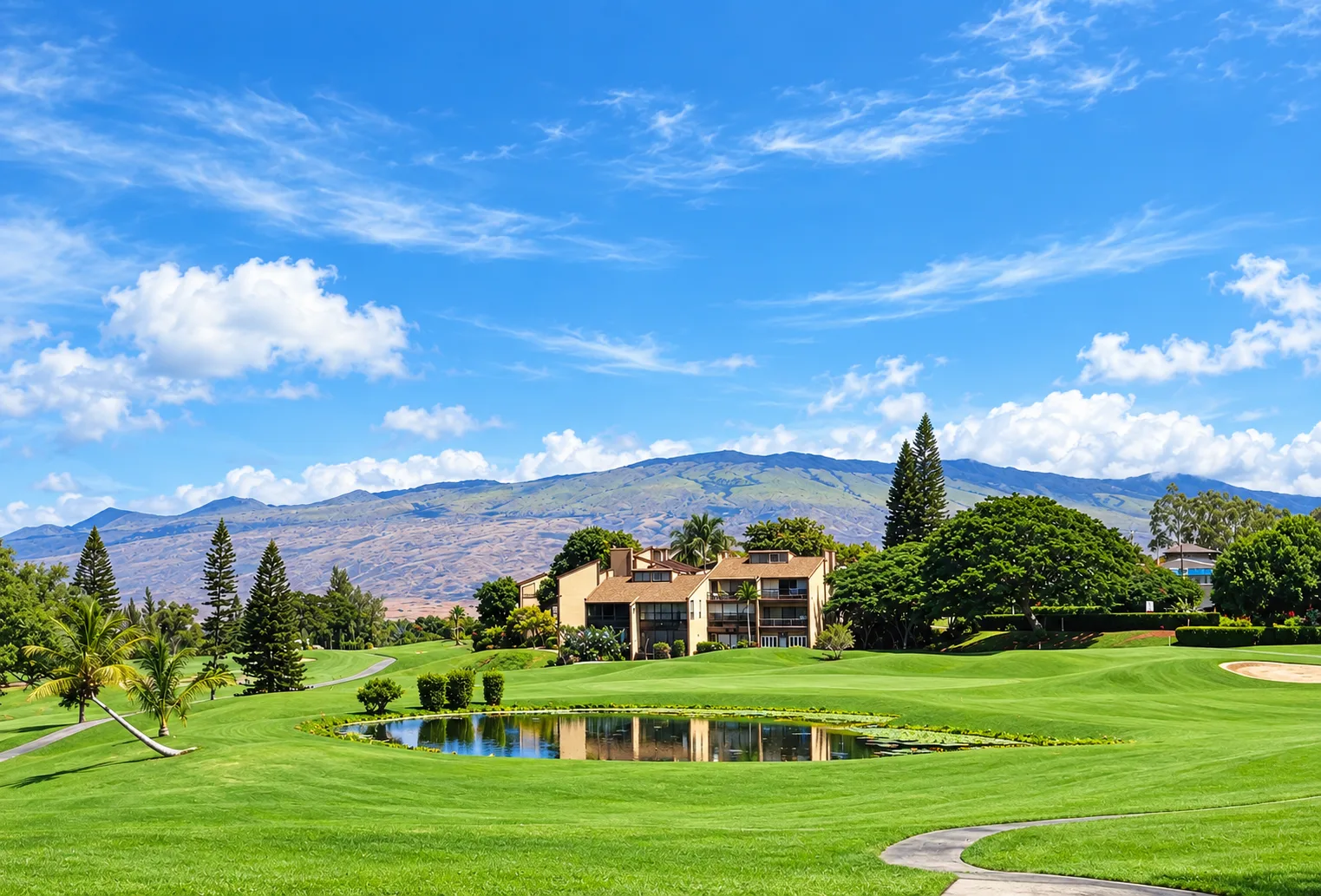 Resort golf course landscaping below the residential buildings at Mauna Kea