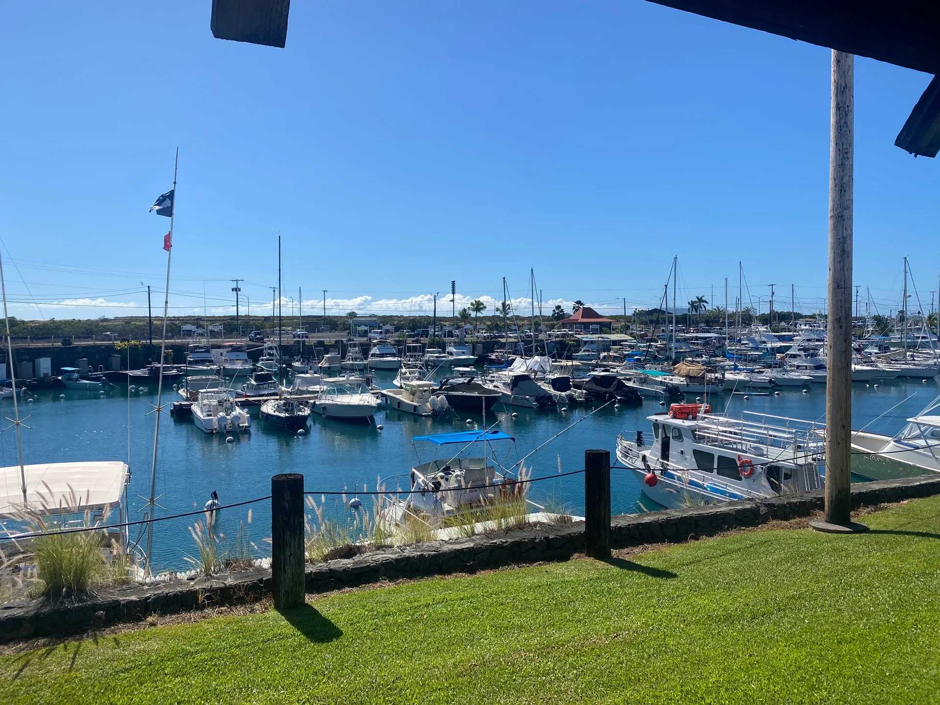 Boats tied in a harbor on a clear day, with open water beyond