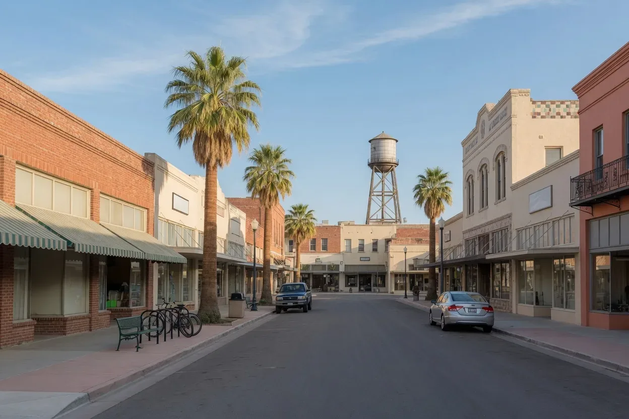 A historic downtown Fresno street with brick storefronts and palms