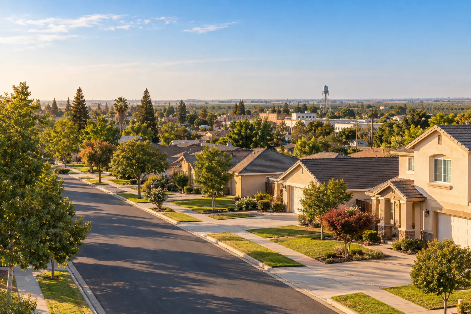 Aerial view of a suburban Fresno County neighborhood with stucco homes and tile roofs