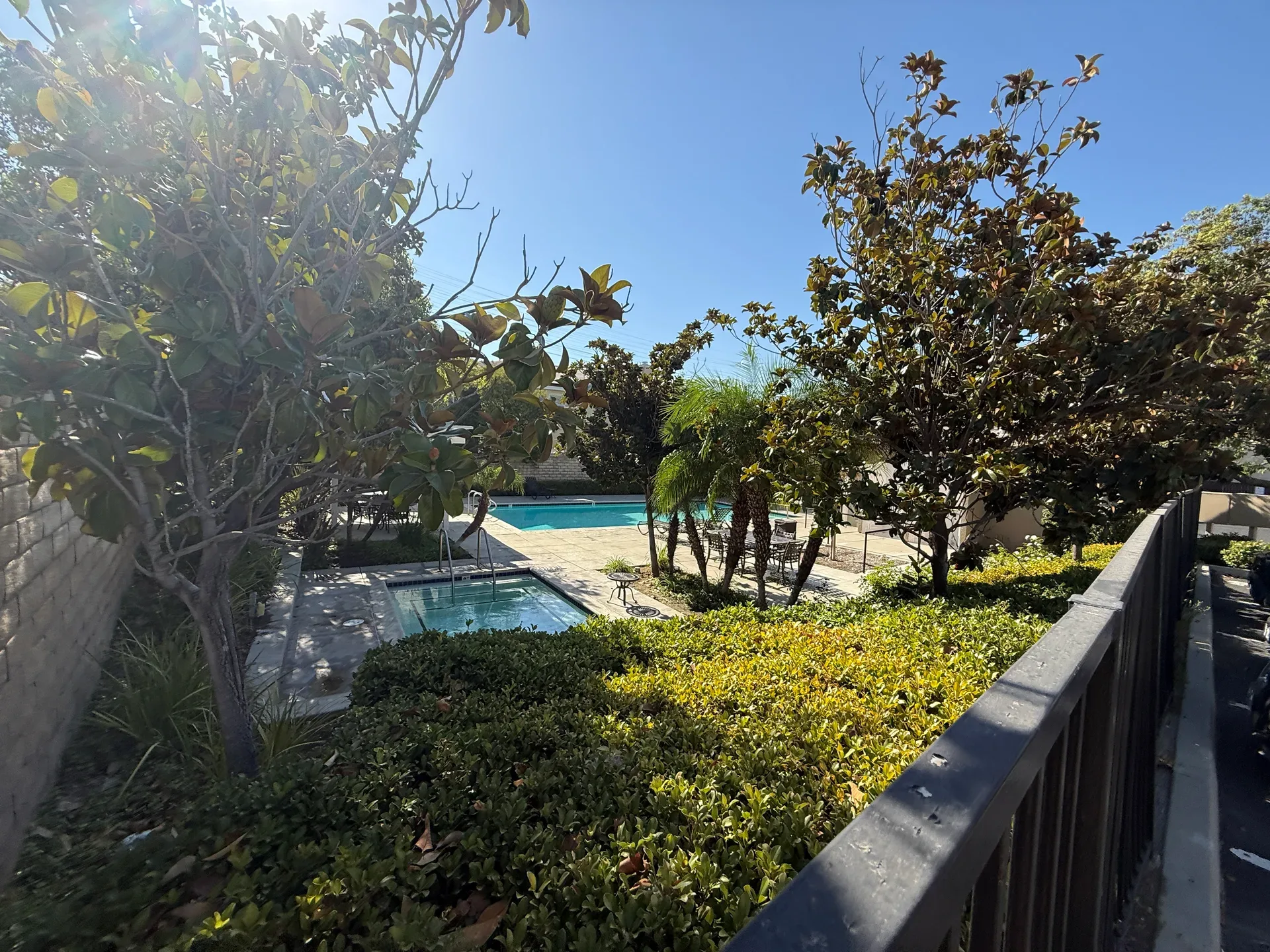 Backyard with pool and spa and mature landscaping
