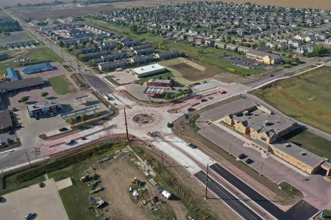 Aerial view of roundabout construction and growth across Harrisburg, South Dakota