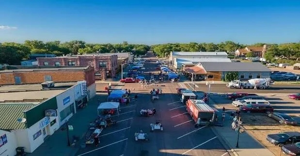 Hartford, South Dakota Main Street during a community event with the HARTFORD sign visible