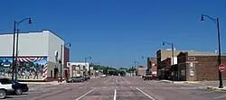 Main Street, Lennox, South Dakota with the patriotic mural building