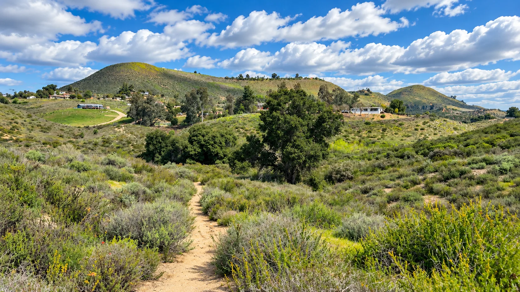 A dirt trail leading into rolling hilly terrain near Wildomar, California