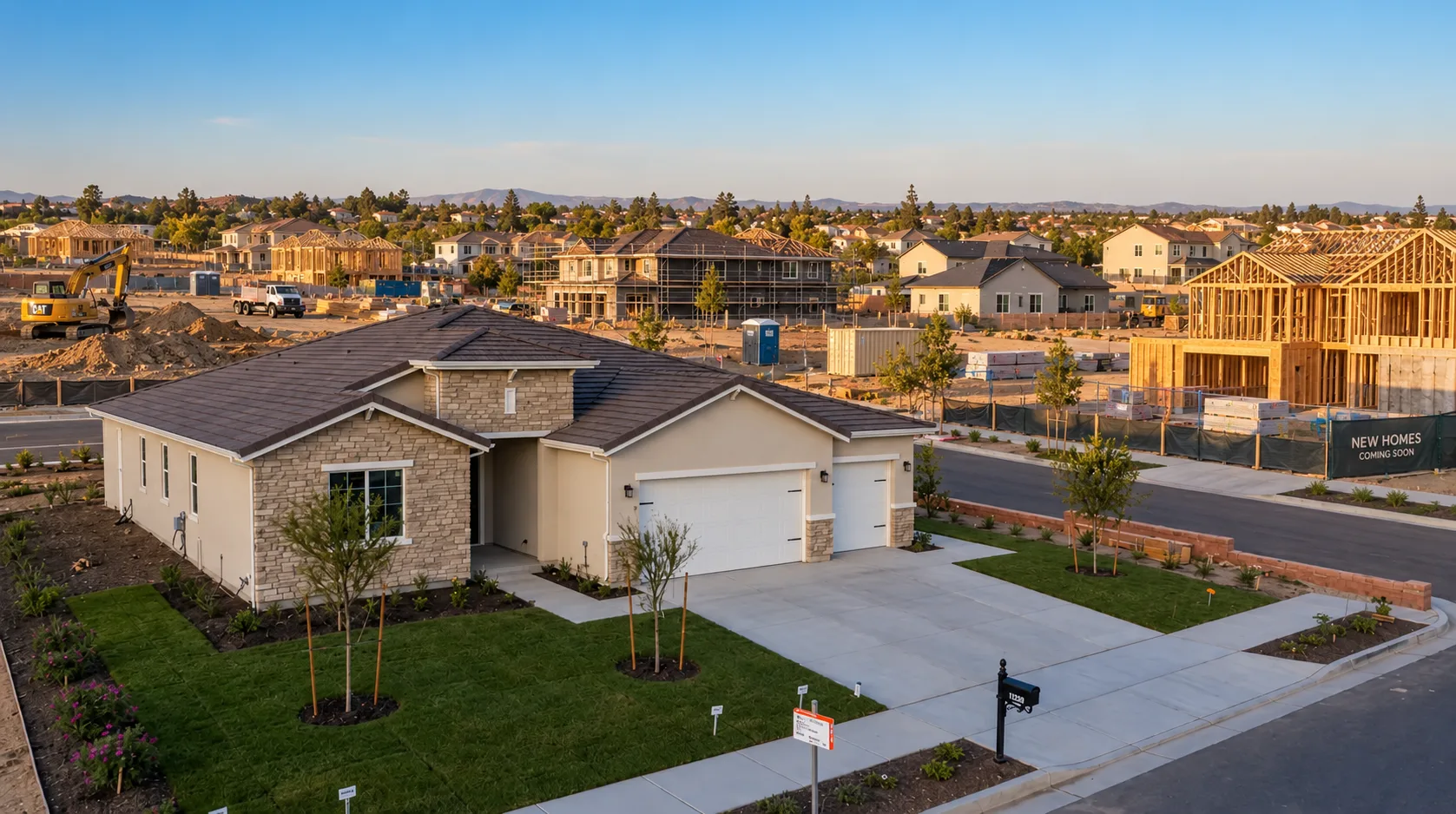 New construction homes in Murrieta with homes under construction in the background