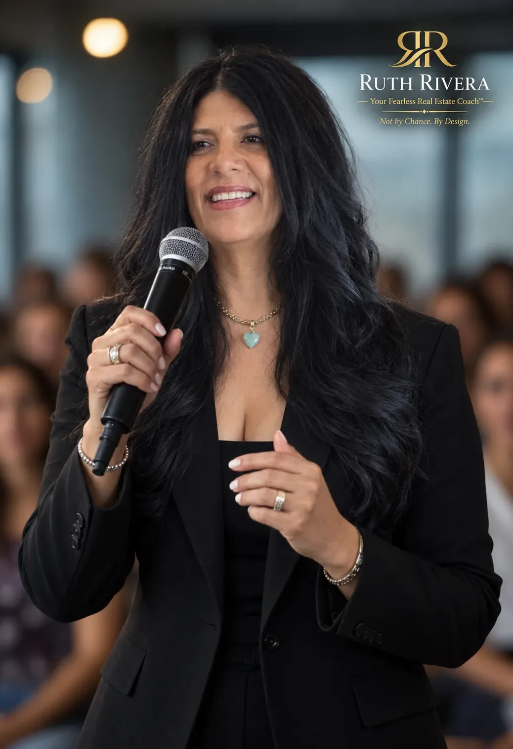 Ruth Rivera en el escenario con un micrófono en un evento de coaching inmobiliario