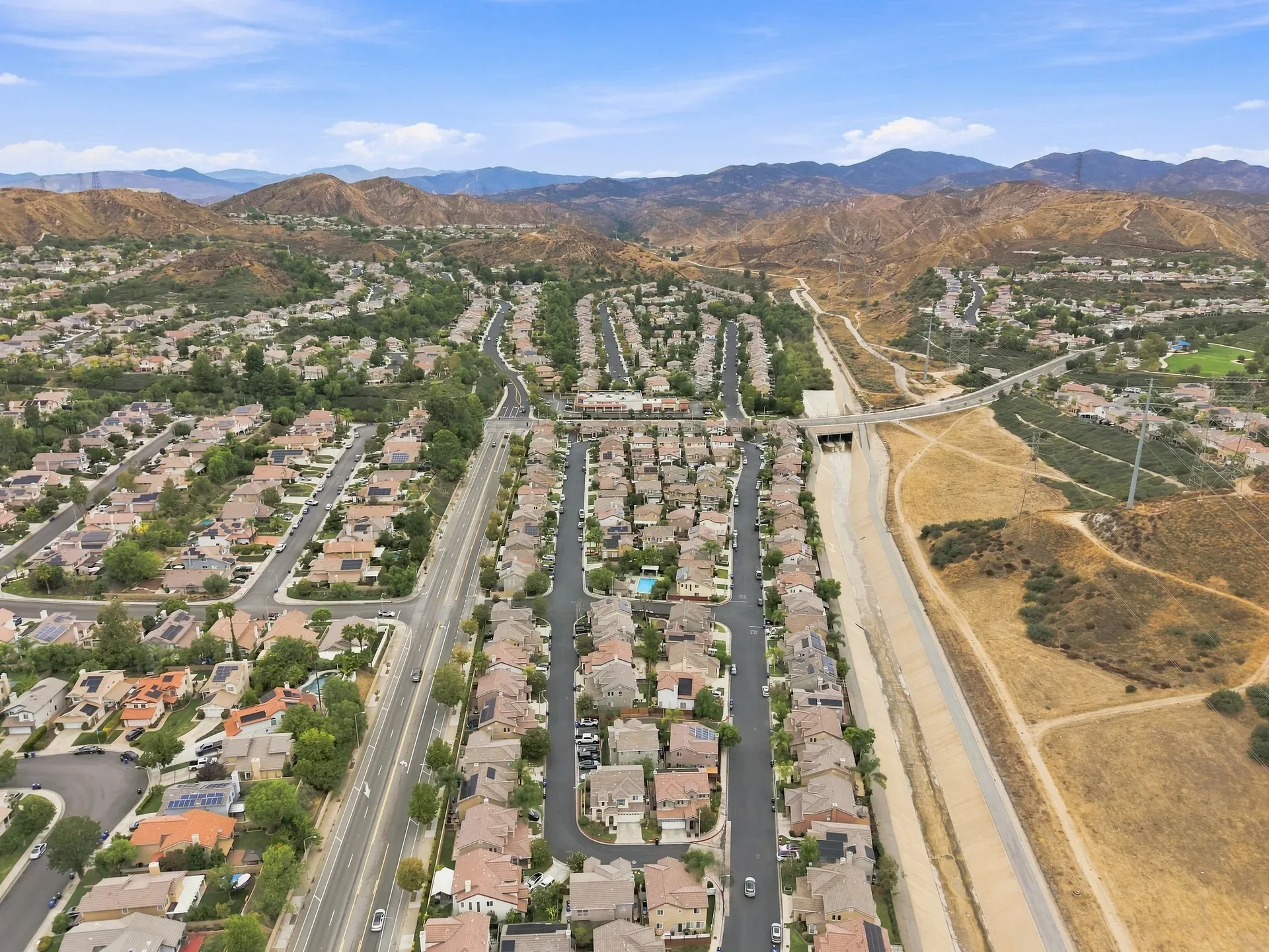 Drone aerial view of the suburban neighborhood surrounding the 28282 Cedar Lane home in Saugus
