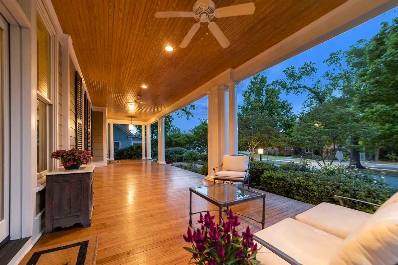 Covered front porch with classic columns on a home in the Trinity Park historic district