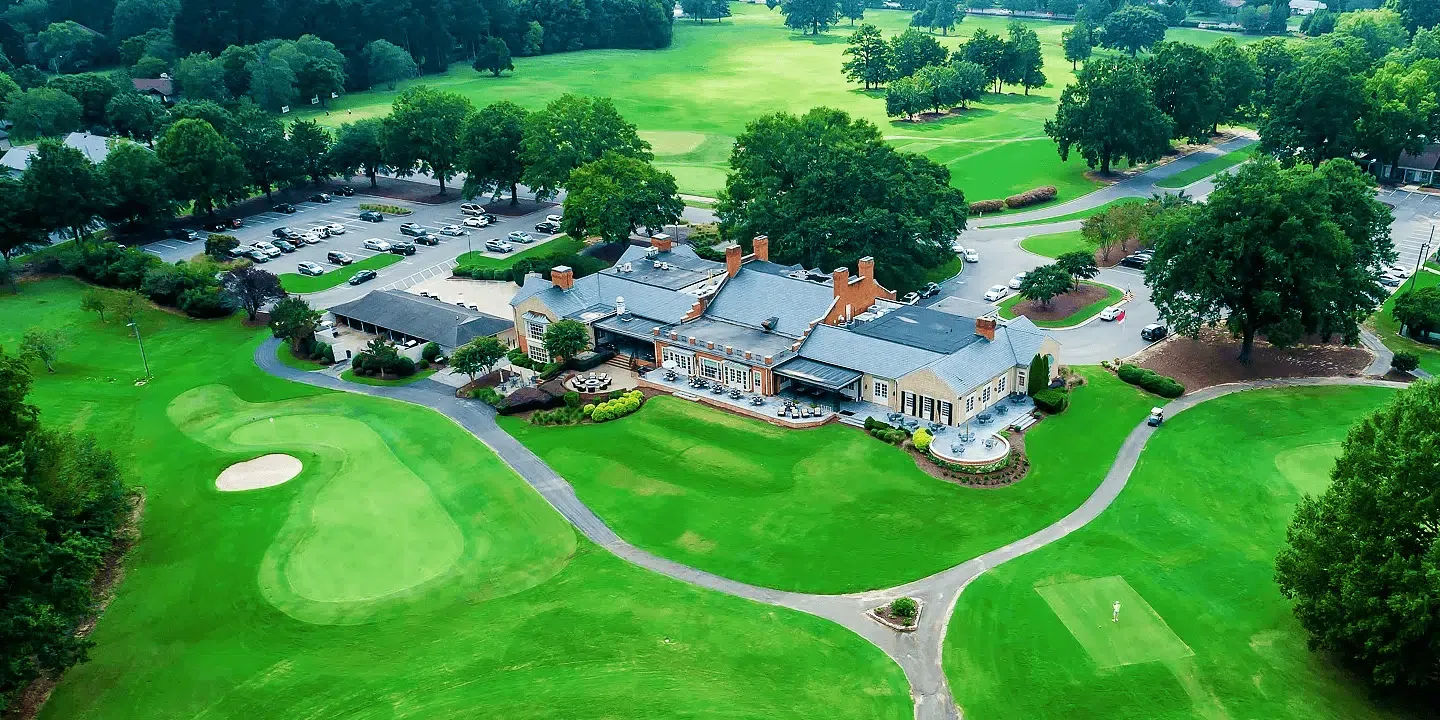 Aerial view of the Croasdaile Country Club clubhouse and golf course in north Durham