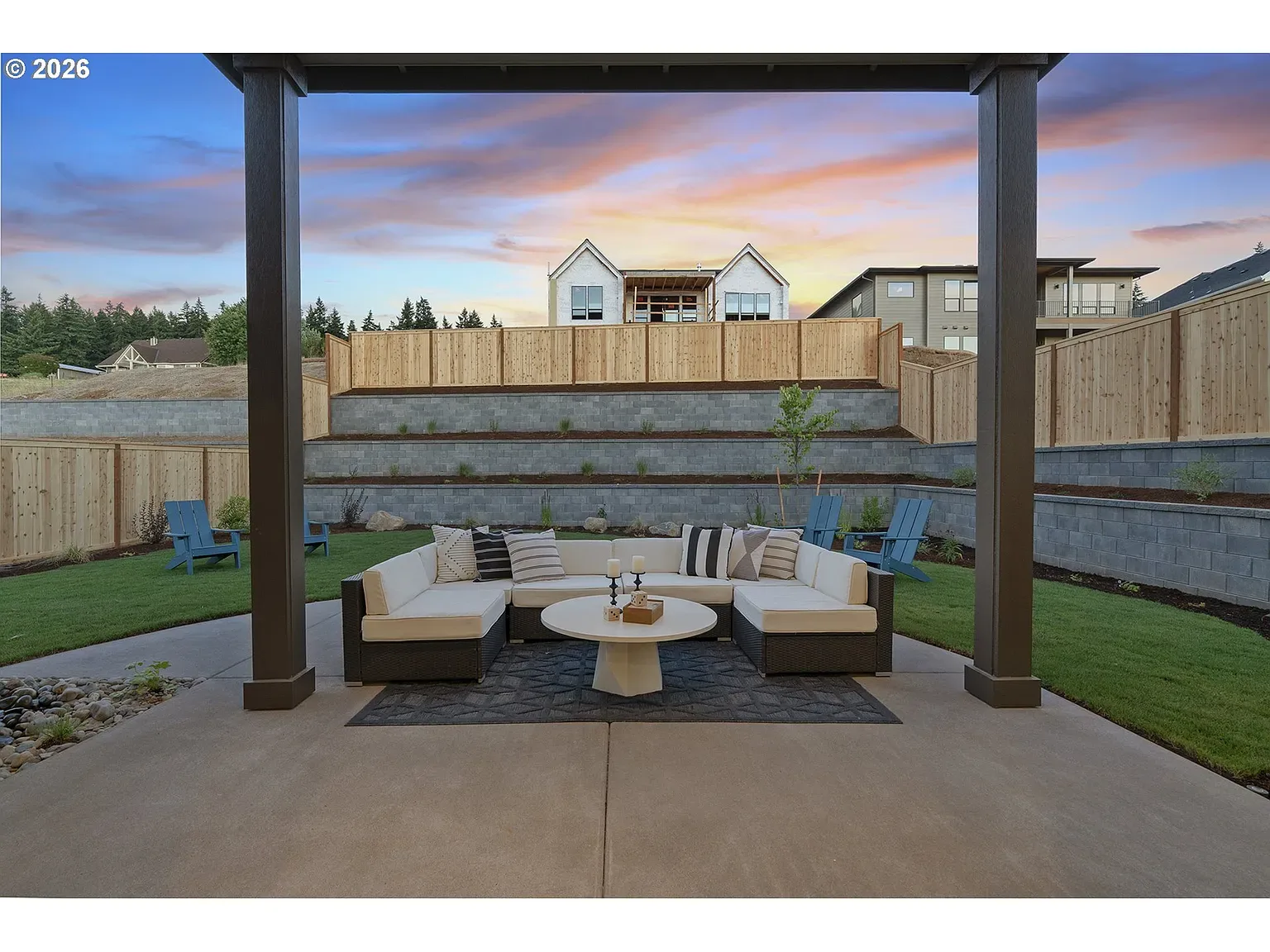 Covered patio: Stone tiers and soft golden light at dusk