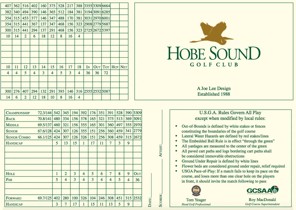 Hobe Sound Golf Club official scorecard