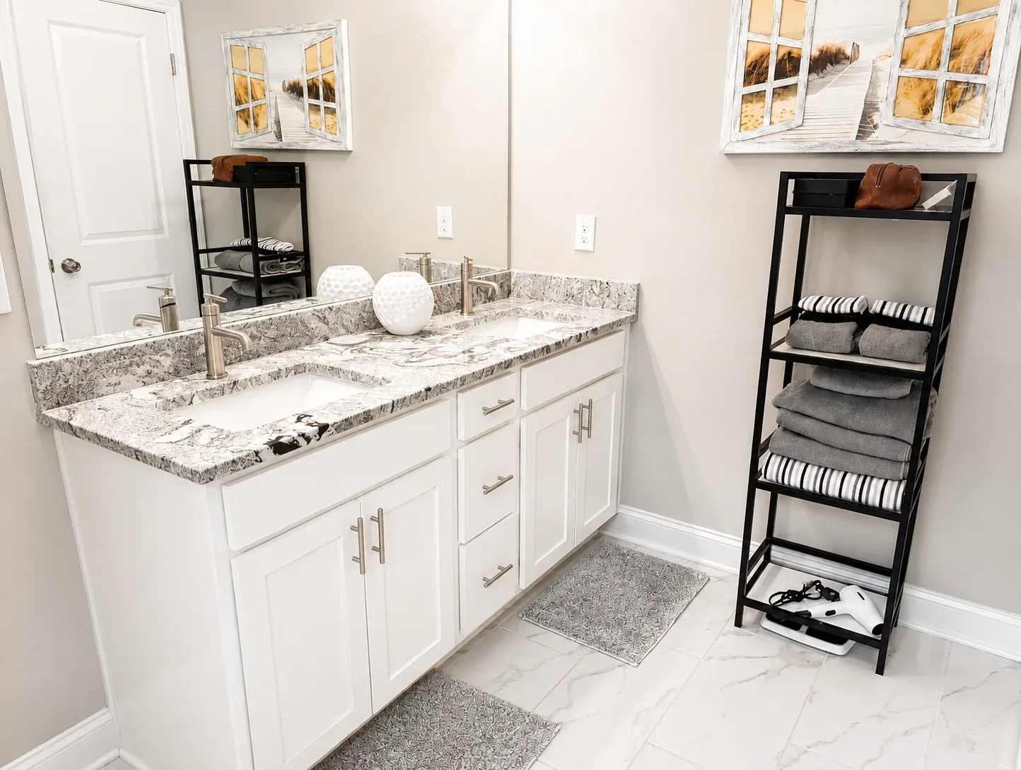 Bathroom with a double vanity and granite countertop