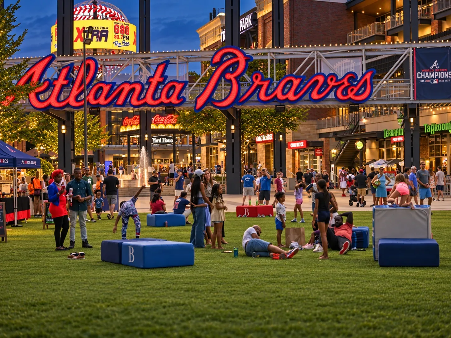The Battery Atlanta entertainment district at twilight