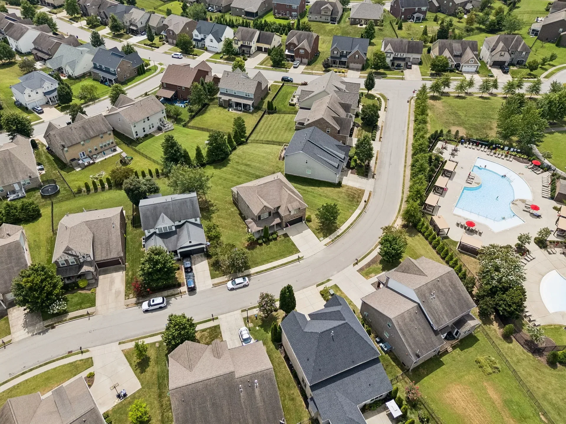 Aerial view of a suburban Middle Tennessee neighborhood
