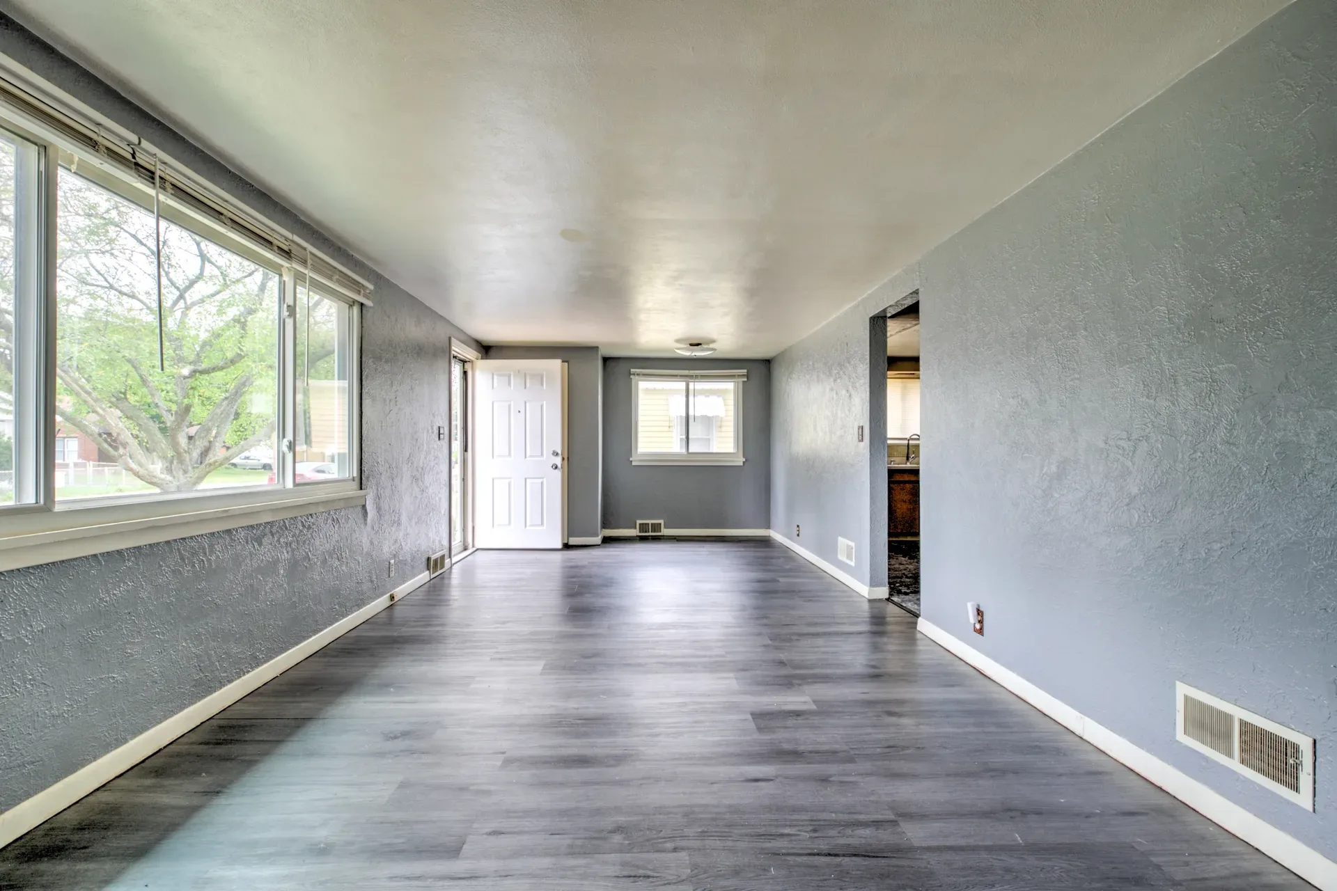 Living room with grey wood-look laminate flooring and natural daylight