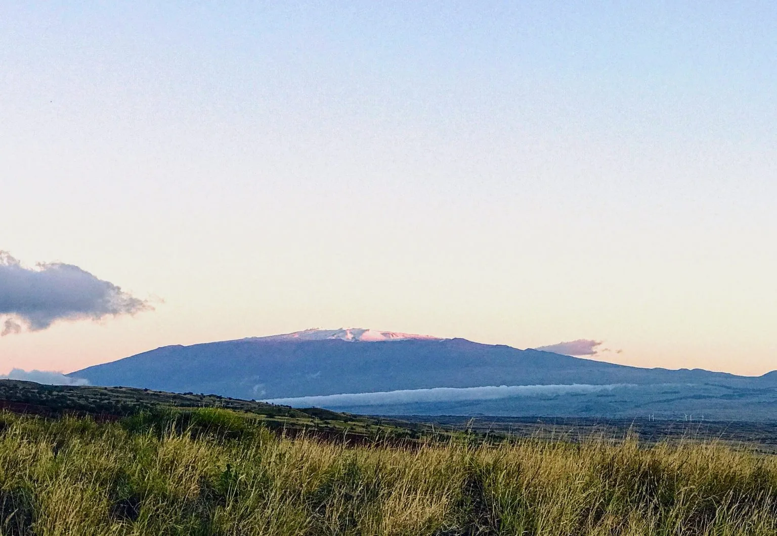 A mountain peak rising above dry grasses in warm light, the inland view from the slopes