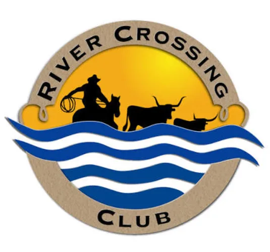 River Crossing Club logo featuring a cowboy on horseback and longhorn cattle against a sunset over blue waves