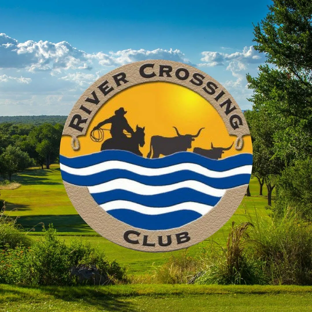 River Crossing Club logo overlaid on a scenic view of the golf course fairways