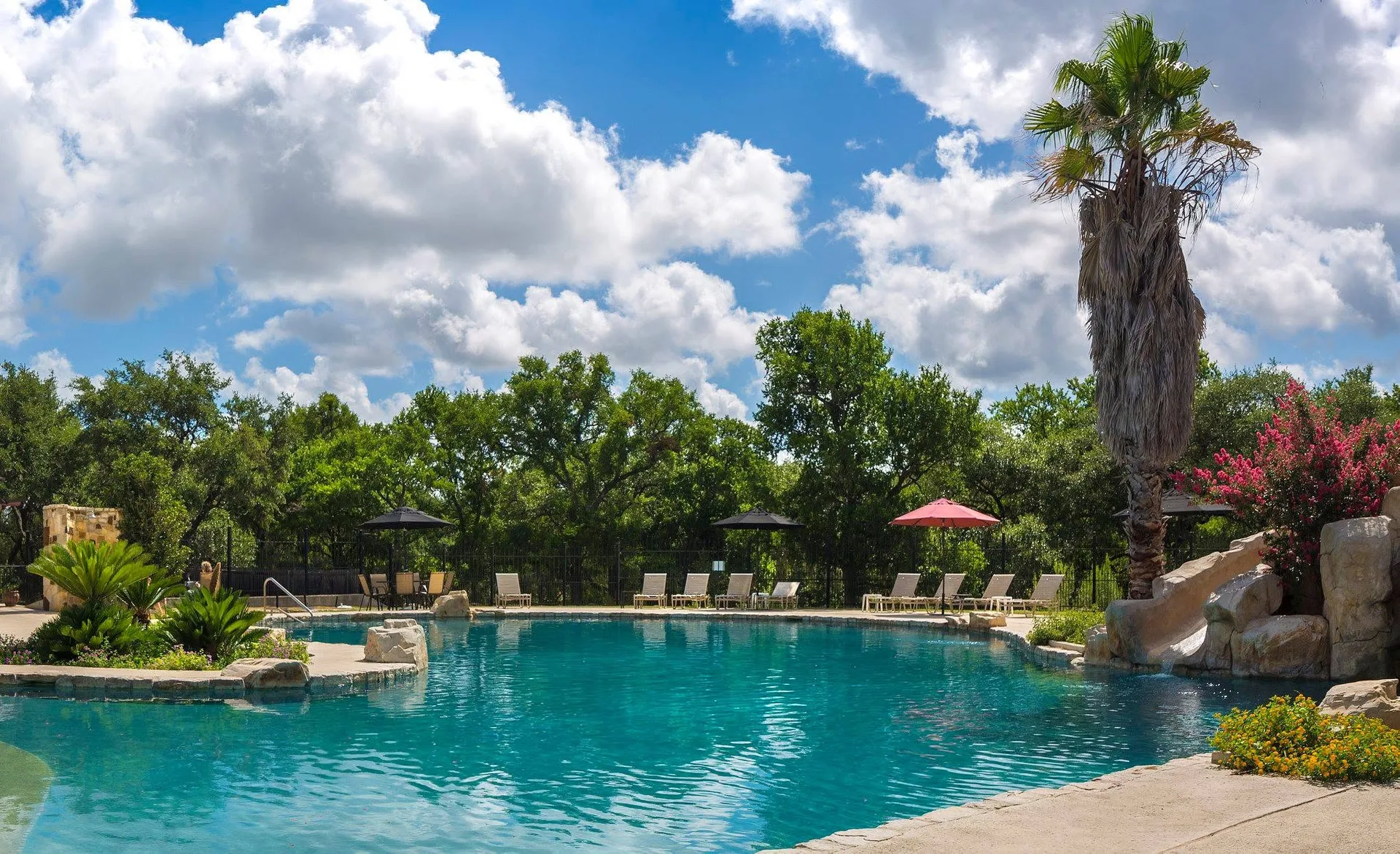 Resort style backyard swimming pool with natural rock accents, a stone water slide and lounge chairs at Patrick's River Crossing home