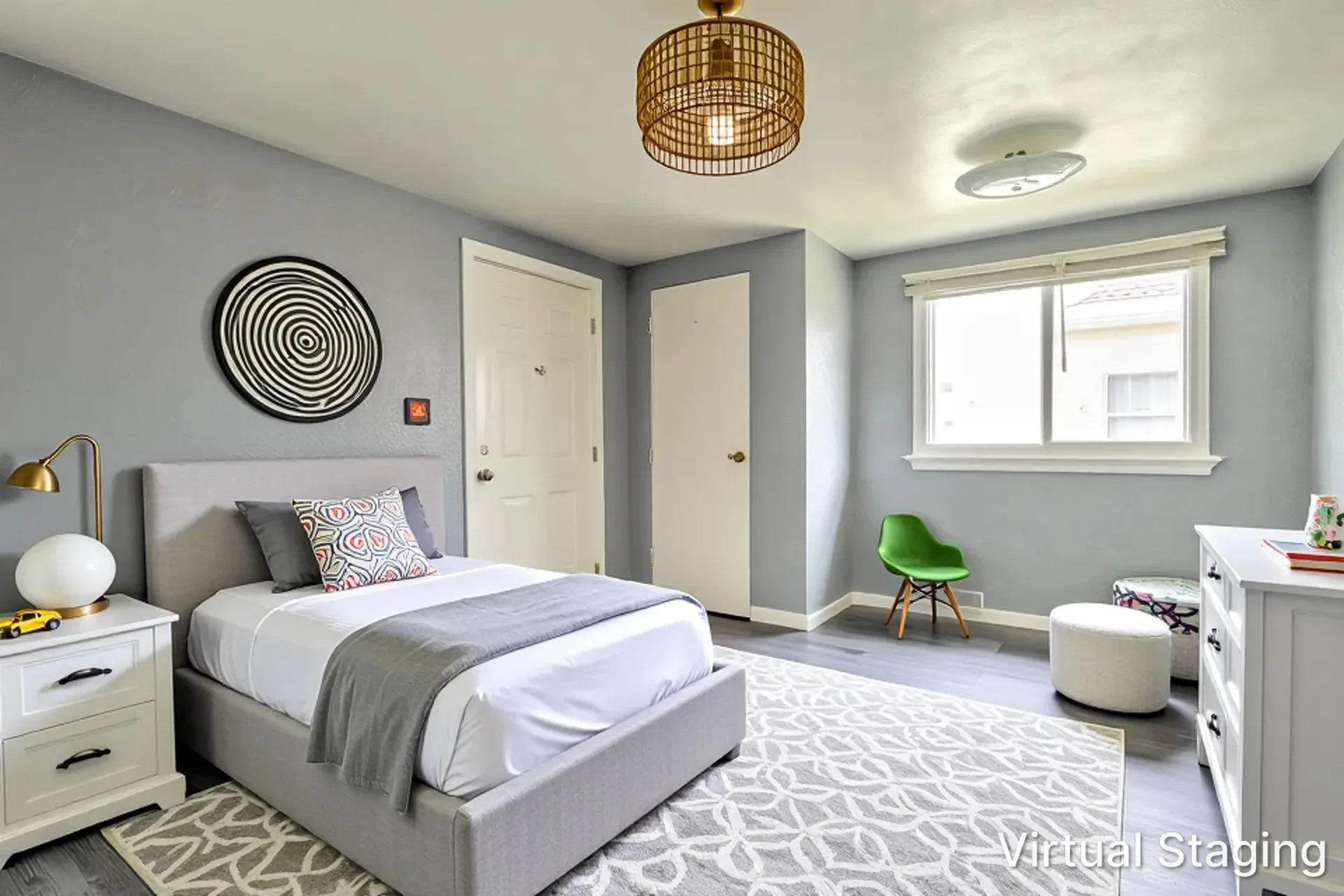 Virtually staged grey bedroom at 902 E Maywood Ave with bed, bedding, nightstand, and wall art