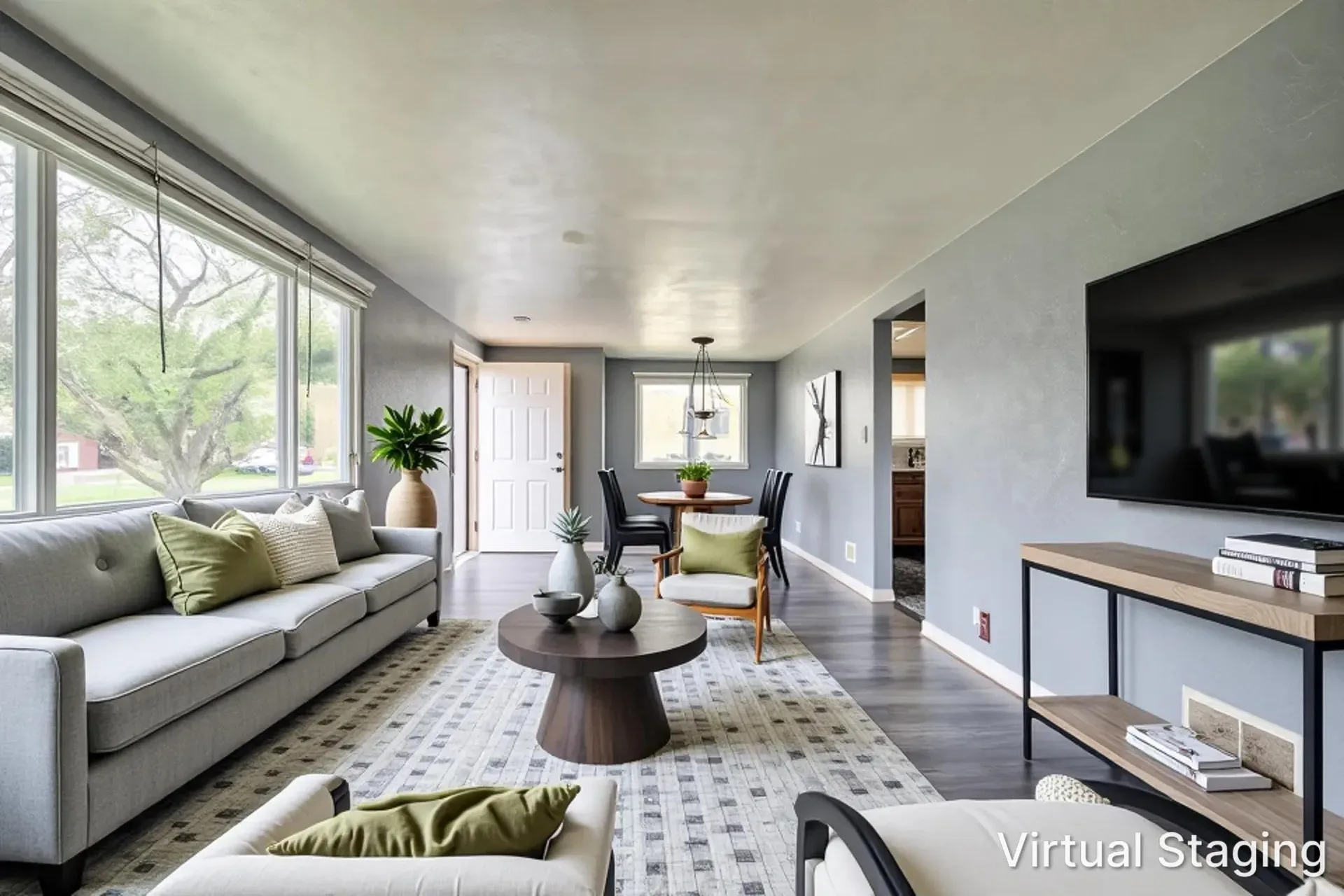 Virtually staged living and dining combo at 902 E Maywood Ave with sofa, area rug, and dining set