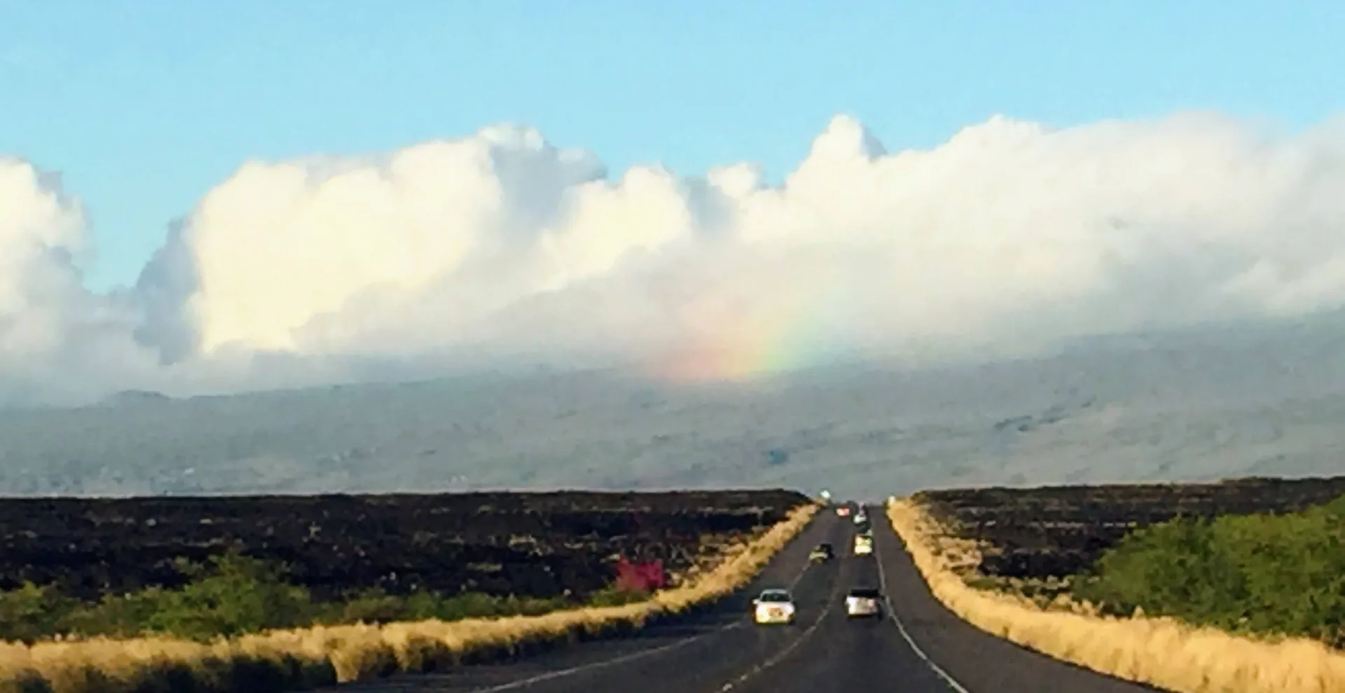 A road crossing a black lava field with dry grasses and distant mountains on the Kohala Coast