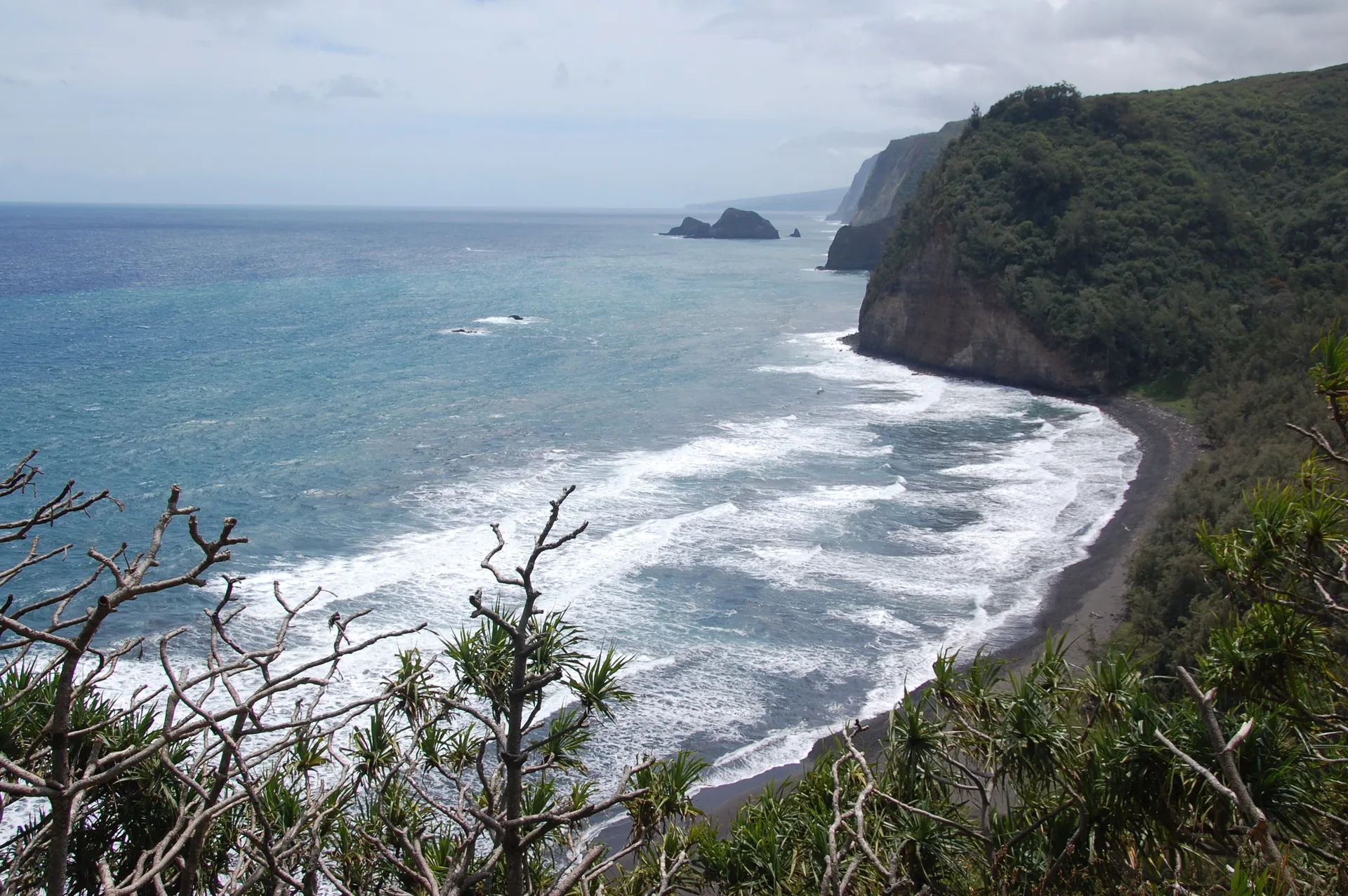 Sea cliffs and a rocky dark-sand shoreline meeting the ocean on Hawaiʻi Island, under an overcast sky