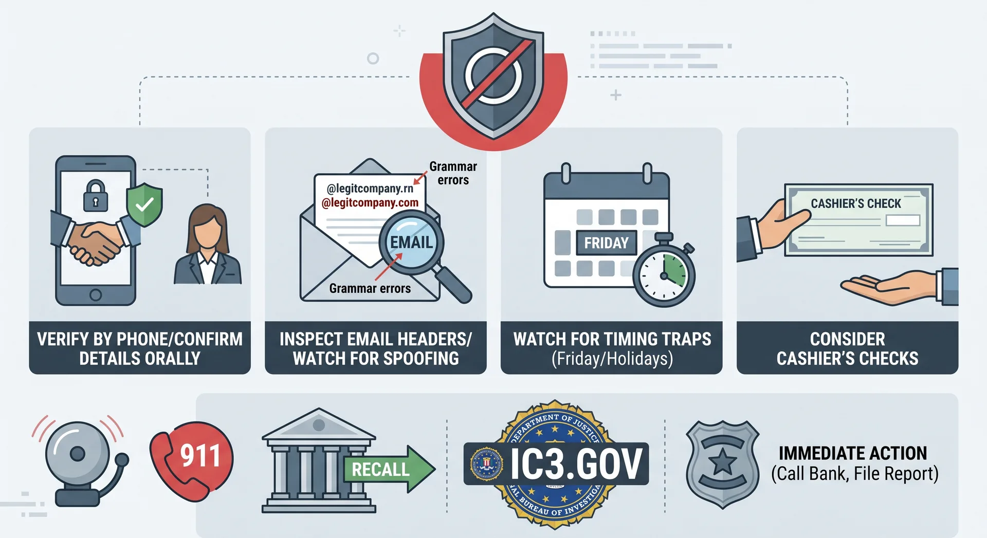 Fraud prevention infographic with reminders to verify by phone, inspect email headers, and report incidents to IC3