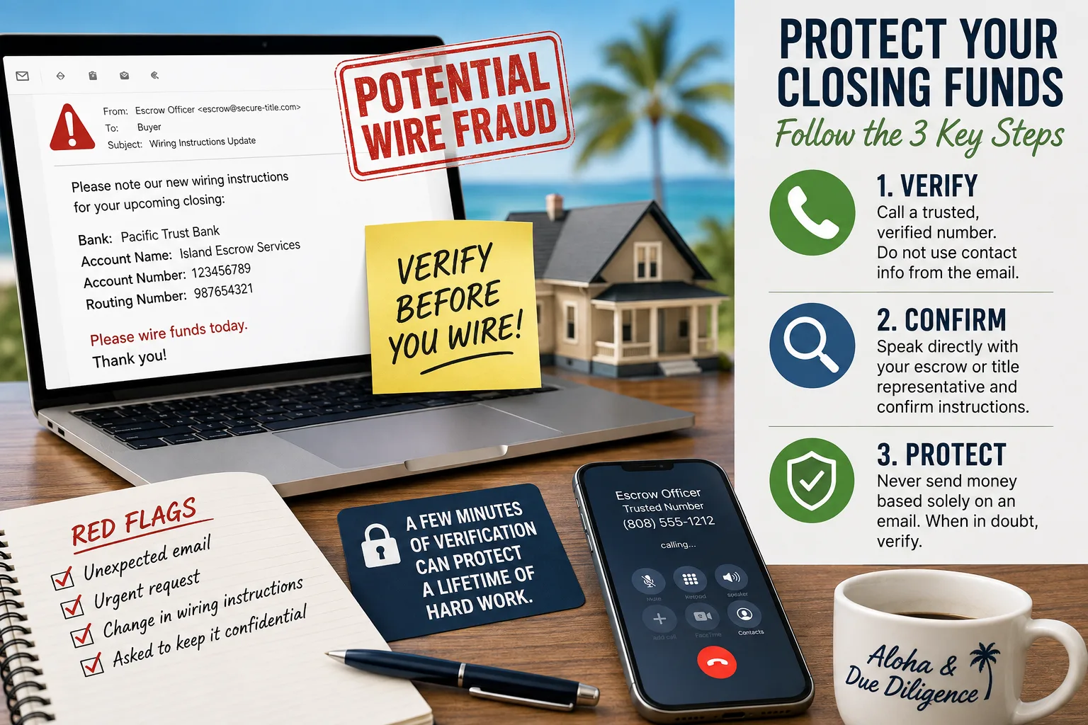 Illustration of a desk scene with a laptop, phone, notepad, and warning notes about wire fraud