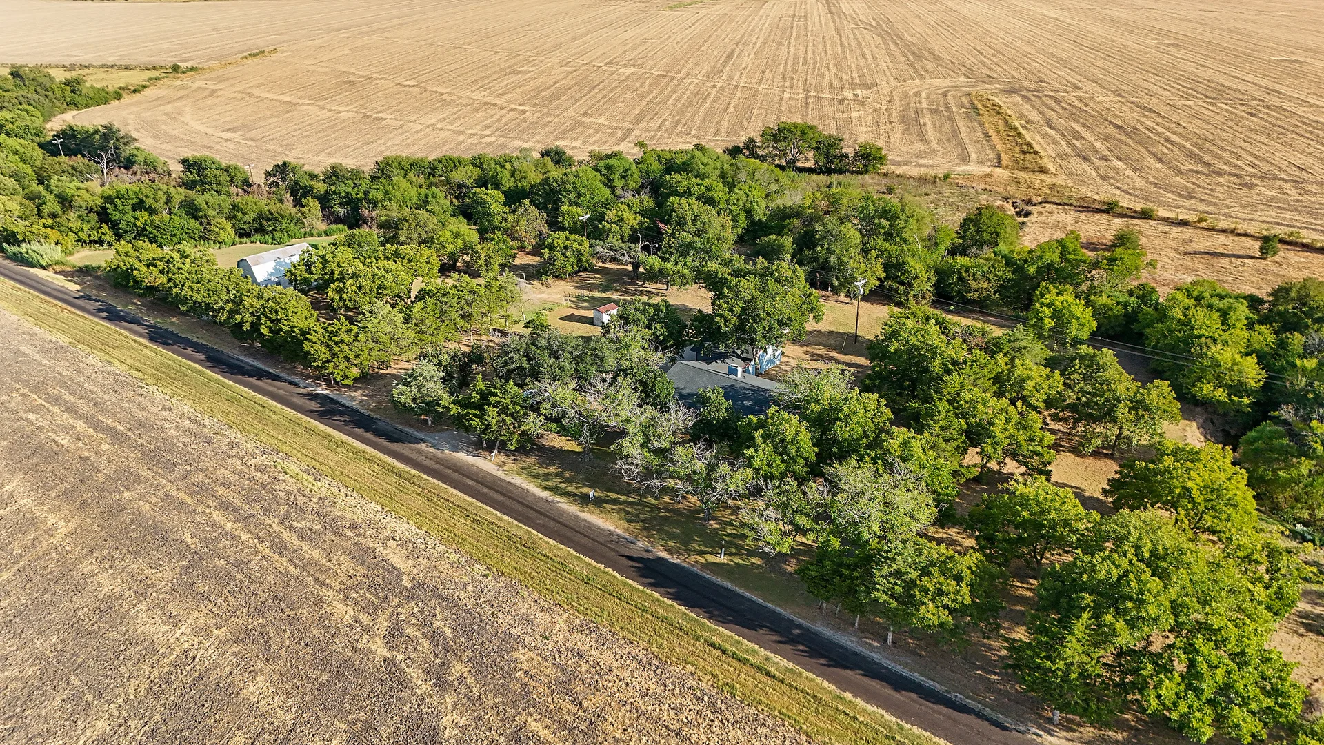 Aerial view of the house and barn tucked among mature trees, pasture and open fields