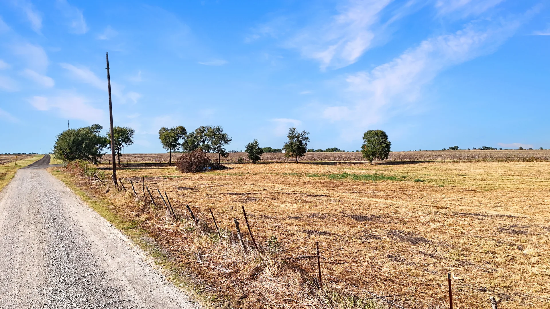 Long gravel drive cutting through pasture and scattered trees along the fenced property boundary