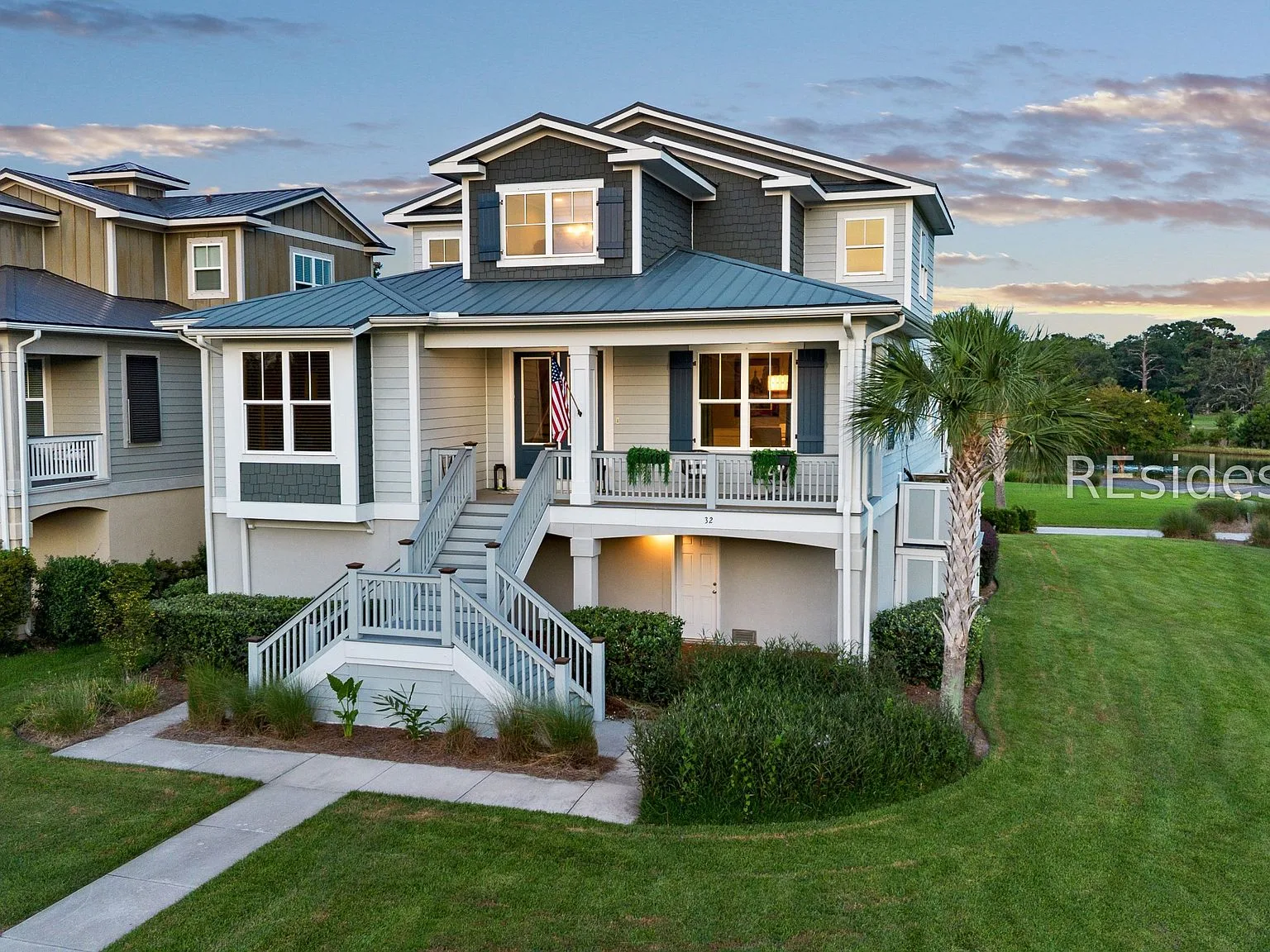 Elevated front view of 32 Hackney Pony Lane, a coastal Lowcountry home on Hilton Head Island